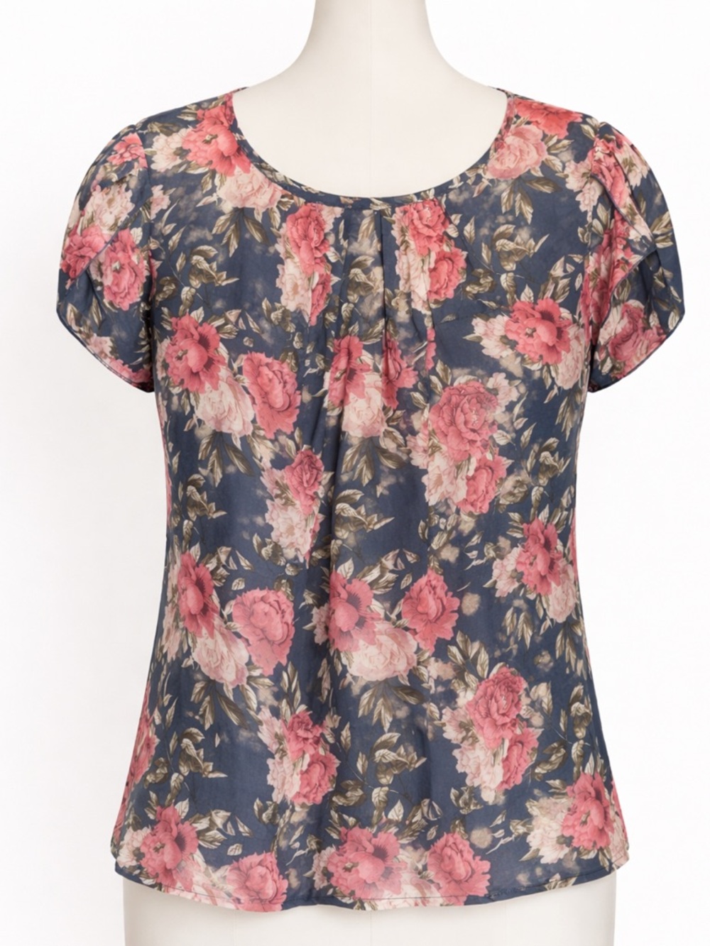 SHEIN Navy Floral Short-Sleeve Blouse with Pink Blooms